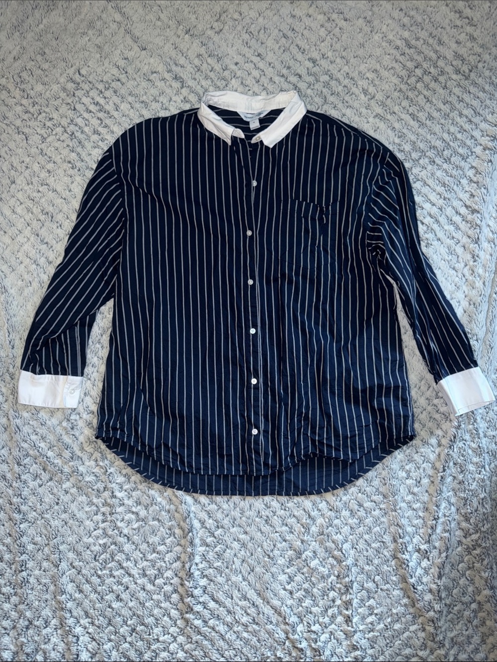 Navy Pinstripe Button-Up Shirt with White Collar and Cuffs